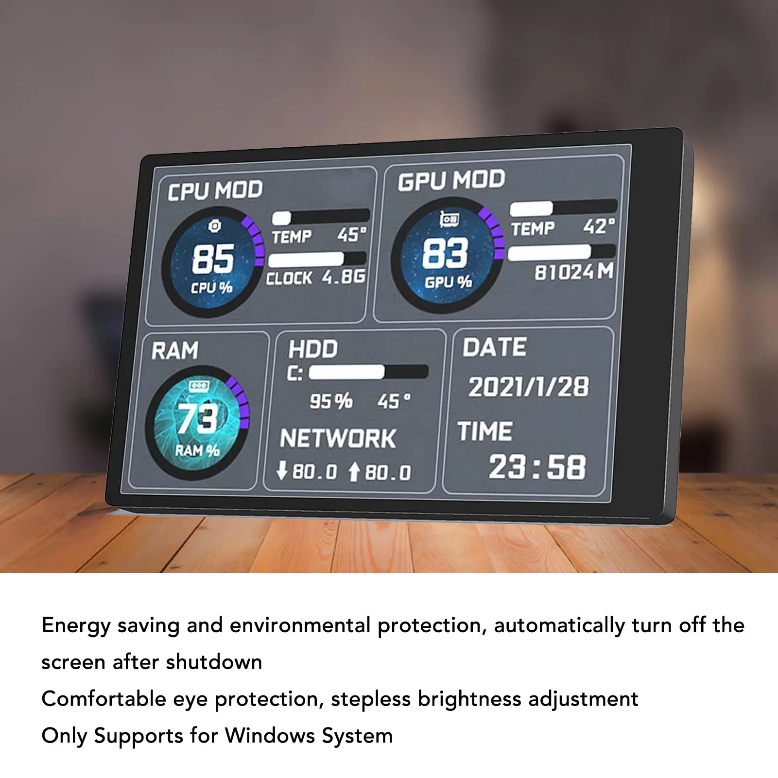 IPS USB Mini Screen Comfortable Eye  PC Temperature Display Screen Clear Picture 360° Rotation for PC Case for CPU