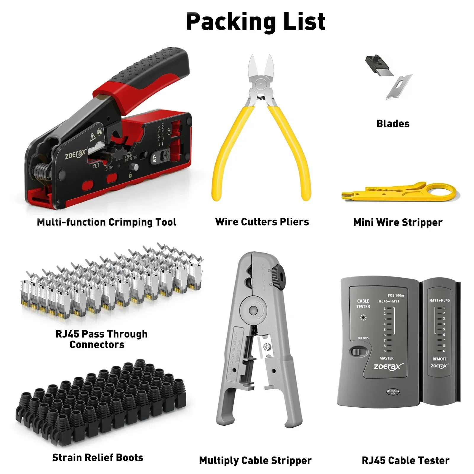 ZoeRax RJ45 Cat7 Cat6A ネットワーク ツール キット、ケーブル テスター、ワイヤー カッター、ブレード Cat7 コネクタおよびブーツ ケーブル タイ ドライバー