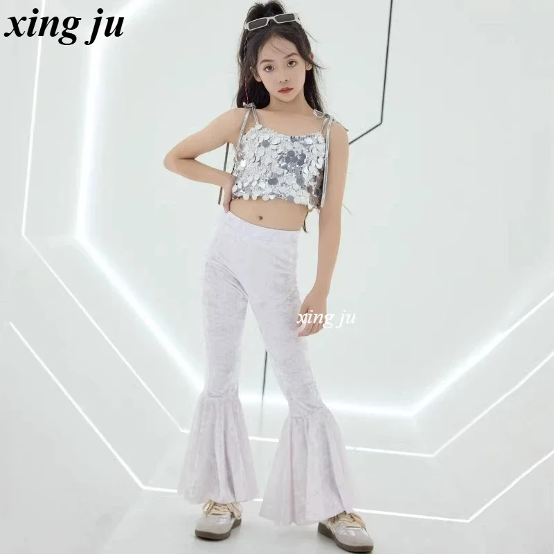 Kinderen Hip Hop Jazzdans Kostuum Meisjes Street Dance Zilveren Pailletten Sling Korte Tops Strakke Uitlopende Broek Kids Show Wear