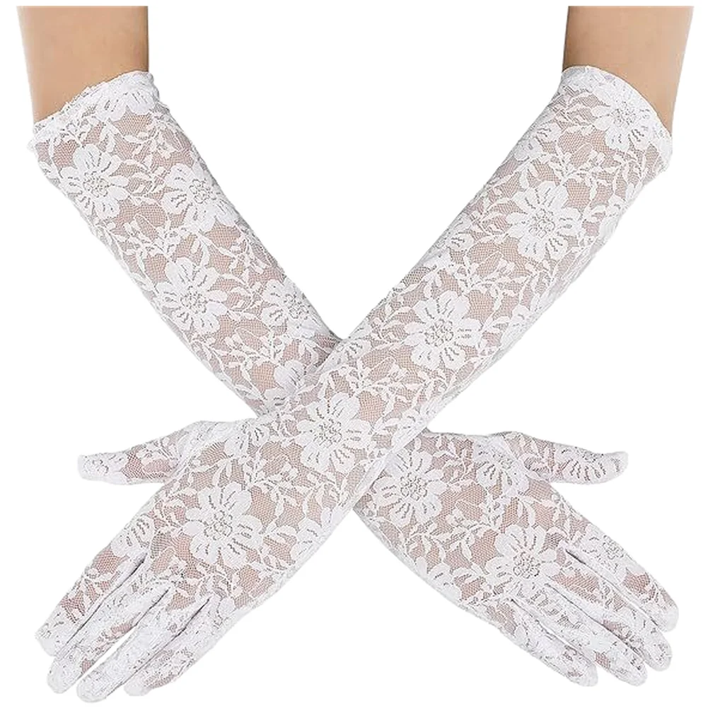 Long Gloves for Women Vintage Lace Design Bridal Wedding Formal Driving Sun Coverage Mesh Fabric Floral Accented Fit