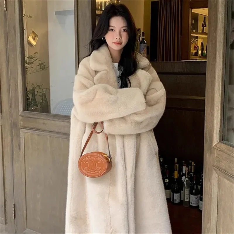 Beige Environmentally Friendly Fur Faux mink Fur Long loose And Thickened Pink Mink Fur Integrated Suit Collar Fur Coat For Wome