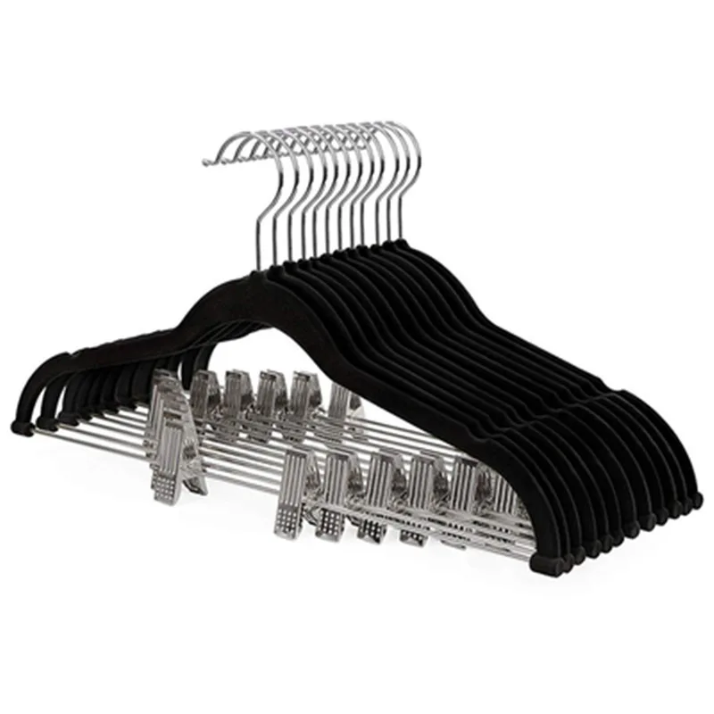 

Flocked trouser hangers with Adjustable Clips Velvet Skirt Hangers Black Velvet Non-Slip Clips for Pants Skirts & Shorts Rack