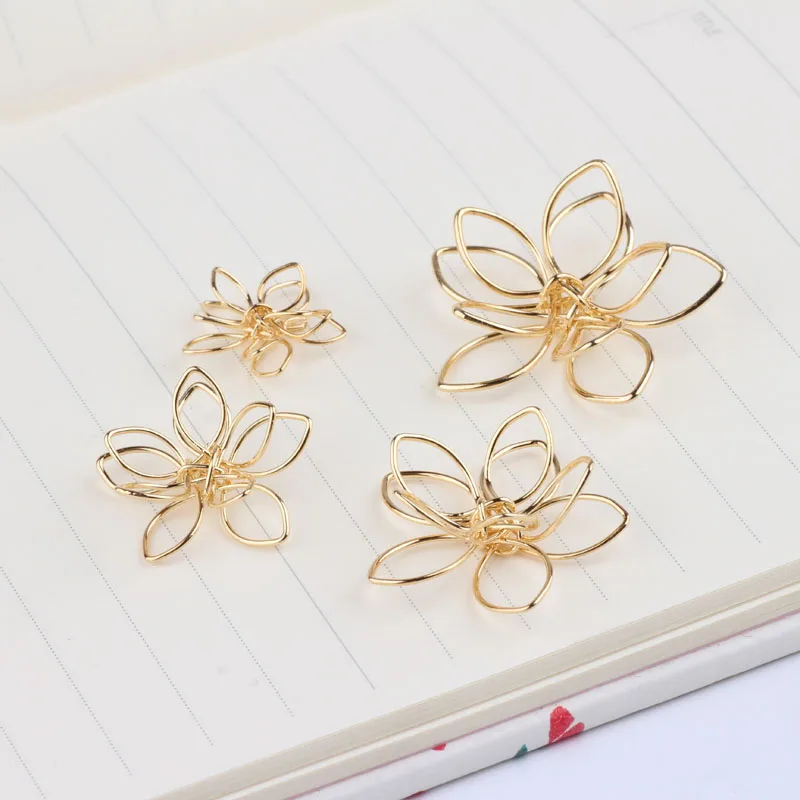 

10pcs Diy Accessories Copper Plated Gold Color Hollow Three-dimensional Double Flower Earring Pendant Material Handmade