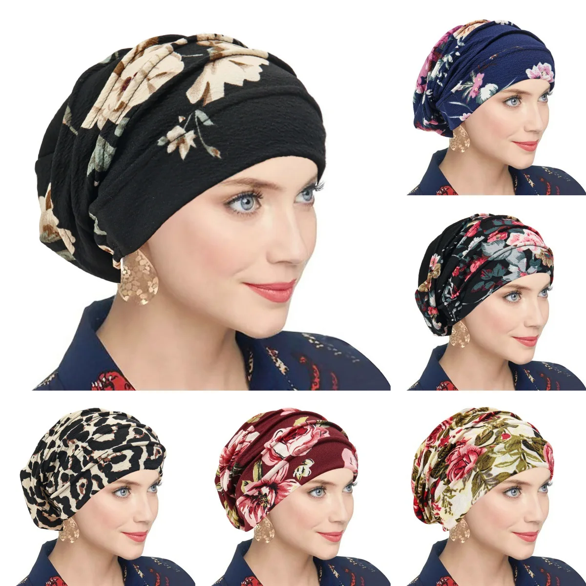 New Muslim Flower Cloth Headscarf Hat Ethnic Style Women's Pullover Hat Printed Brushed Pile Headscarf Hat Beanie Hats