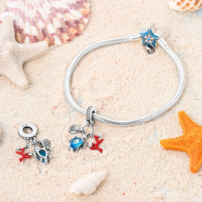 S925 Silver Jellyfish Dolphin Turtle Starfish Shell Luminous Ocean Series Charms Beads Fit 3mm Original Bracelets DIY Jewelry
