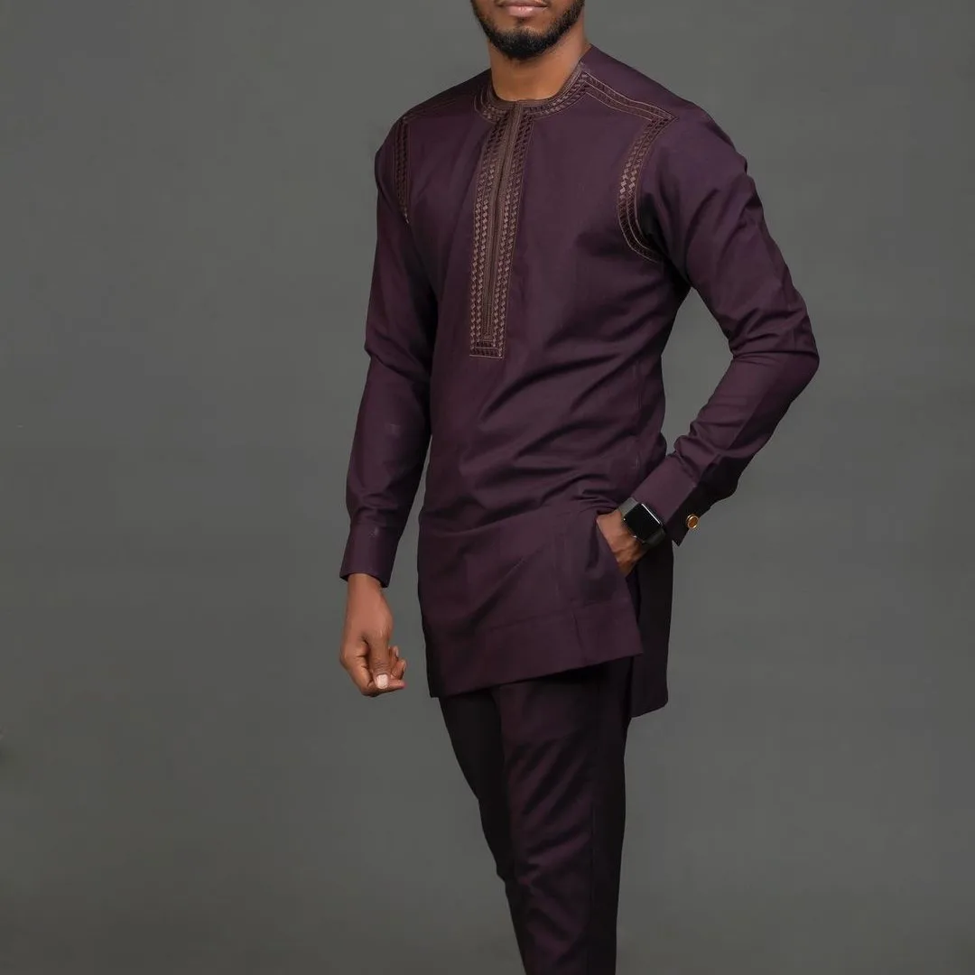 Traje elegante de caftán de lujo para hombre, camisa bordada de manga larga y pantalones de Color sólido, boda africana, Sui festivo, 2 piezas