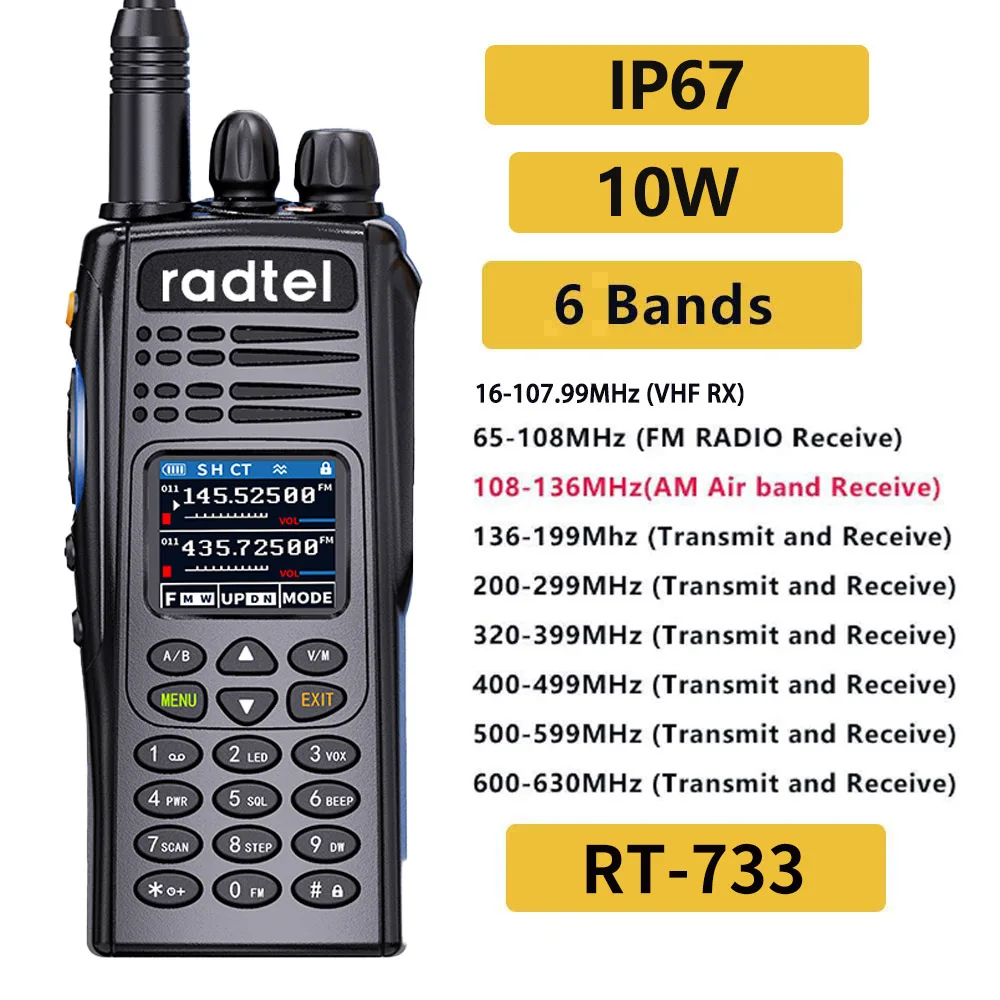 Radtel RT-733 풀 밴드 아마추어 햄 워키토키, 10W 에어 밴드 햄 라디오, 199CH HT USB-C 배터리, NOAA FM AM UHF VHF Satcom