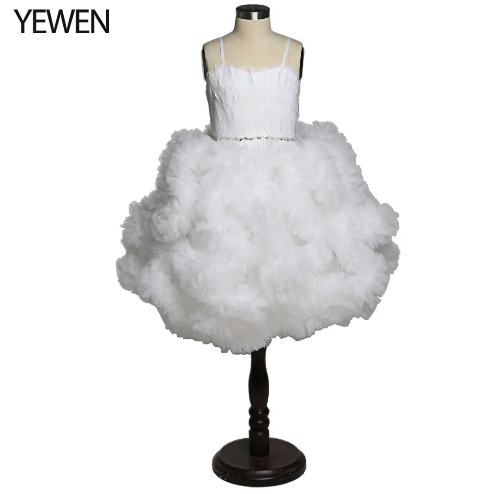 Elegant Deep Pink Feather Flower Girl Pageant Ball Gown First Communion Party Decorations for Kids Robe Fillette Mariage YEWEN