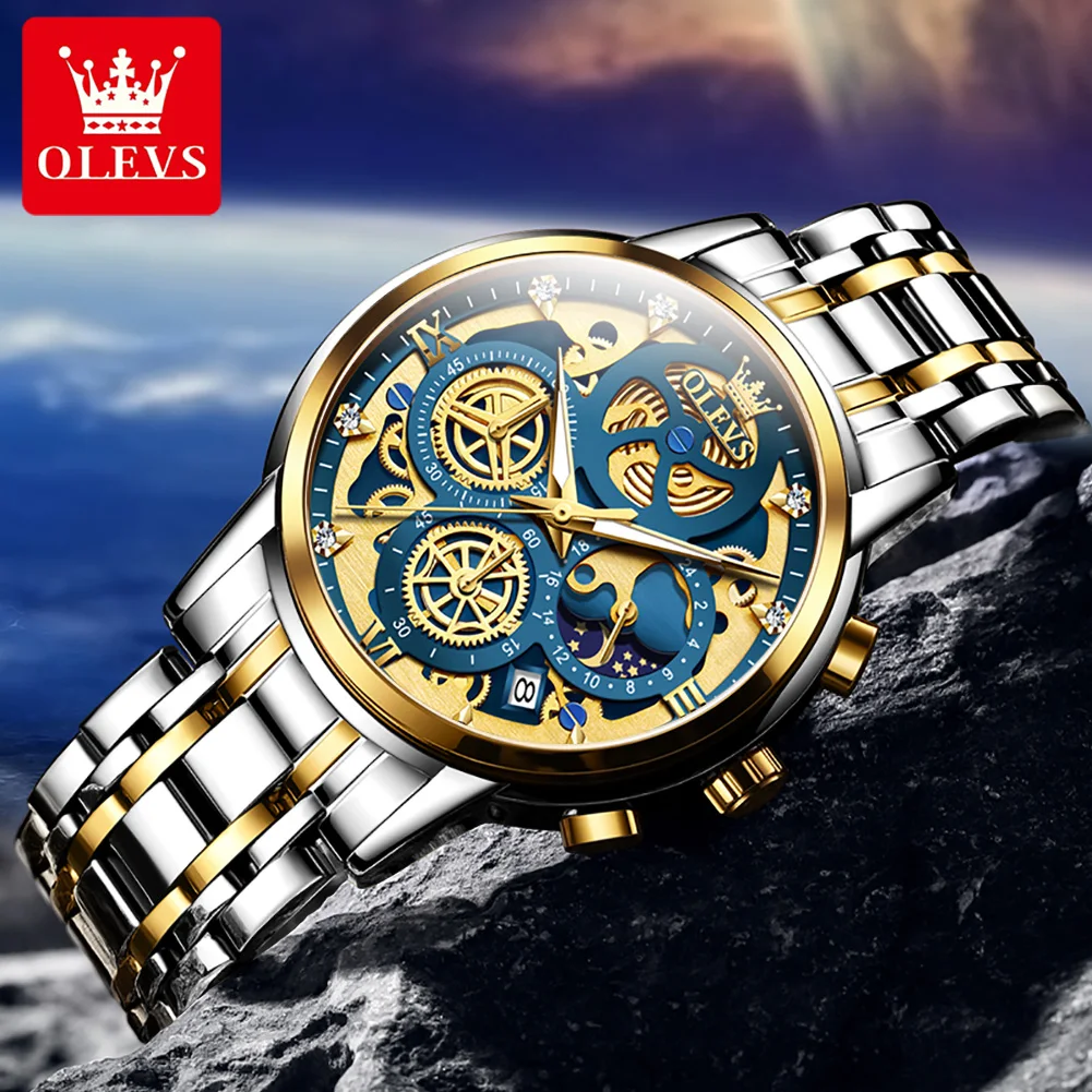 OLEVS Men\'s Watches Top Brand Luxury Original Waterproof Quartz Watch for Man Gold Skeleton Style 24 Hour Day Night Wrist watch