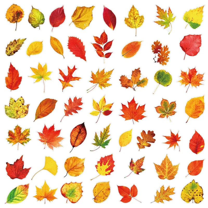 50PCS Kawaii Autumn Leaves PVC Sticky Sticker Aesthetic DIY Decoration Scrapbooking Hand Accounting Supplies for Kids