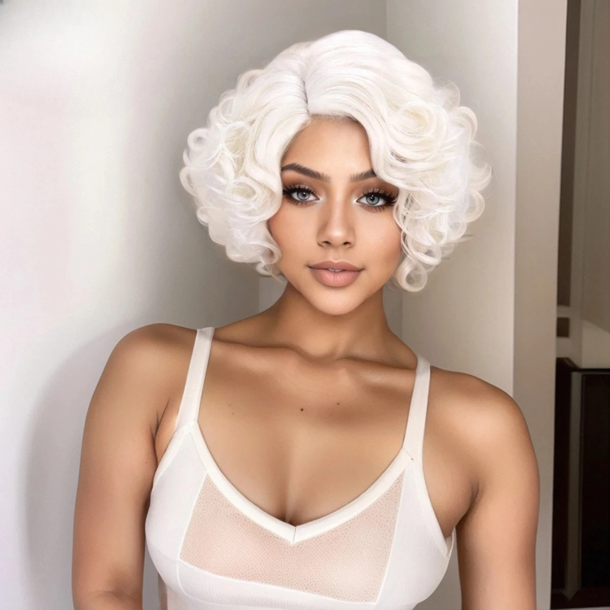 

White side split Wavy wig for women Heat resistant fiber synthetic wig Everyday Cosplay (12 inches)