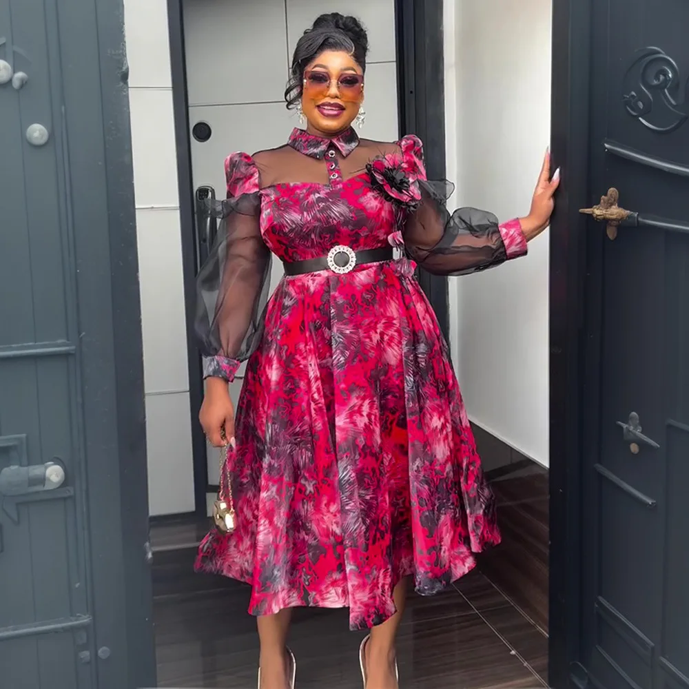 긴소매 쉬폰 드레스 우아한 여성 파티 프롬 생일 이브닝 맥시 로브 아프리카 다시키 의류 터키 드레스