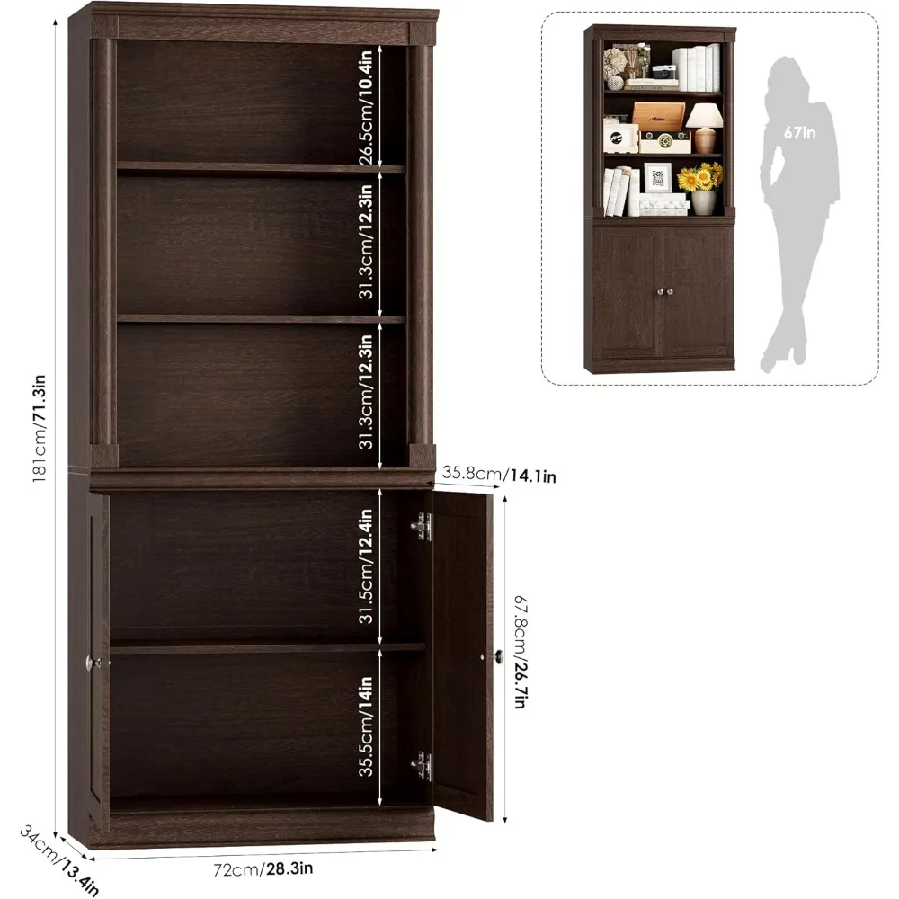71.3 Tall Bookcase with Doors, 5 Shelf Bookcase Storage Cabinet & File Cabinet, Farmhouse Wood Bookshelf
