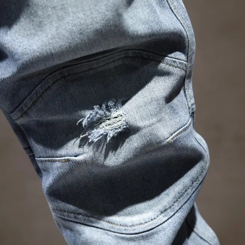 Street Designer Fashion Men Jeans Retro Light Blue Stretch Slim Fit Spliced Ripped Jeans Men Zipper Patched Hip Hop Biker Pants