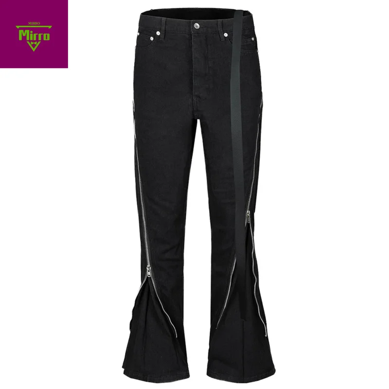 【Mirrordust】Fashion Flared Jeans Double Zippers Long Ribbons Black Denim Pants Men's Streetwear Harajuku Hipster Jeans