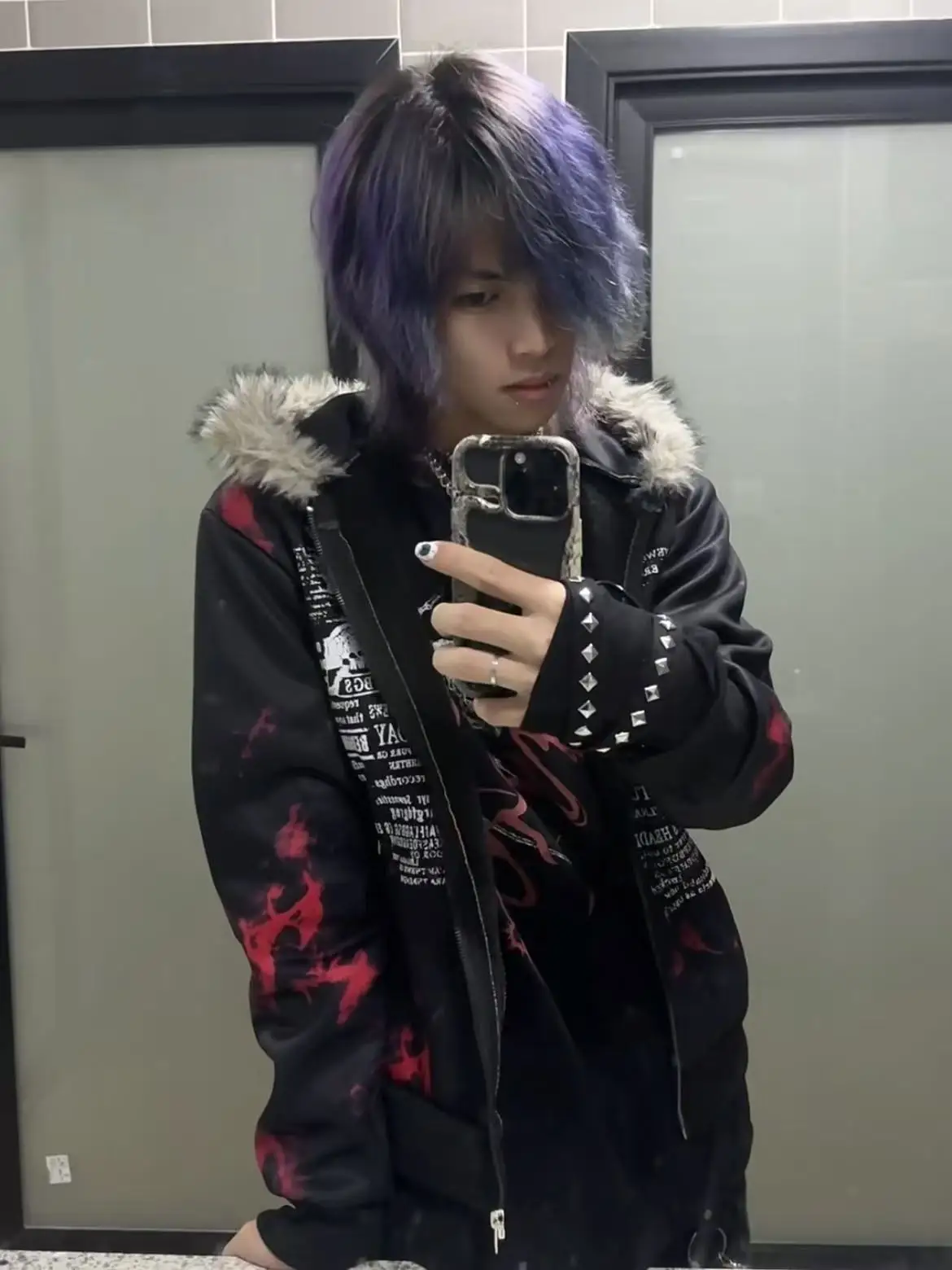 New Gothic Geometric Print Red Gradient Zipper Hoodie Women Fashion High Street Fur Collar Loose Sweatshirt for Men and Women