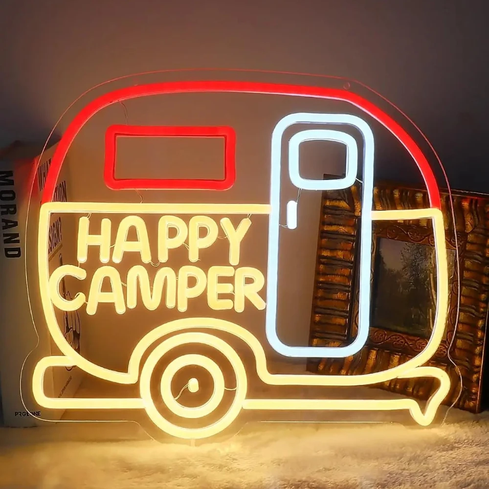 

Happy Camper RV Neon Sign Caravans Neon Lights for Bedroom Man Cave Camping Party Decor Aesthetics Draw Birthday Gifts