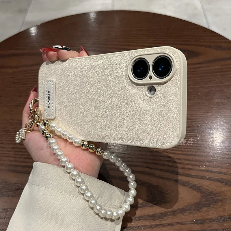 

【С ремешком】для чехла для телефона Apple 16, iphone 16 pro max, веганская кожаная цепочка с рисунком белой звезды и жемчугом, ручная цепочка 15 15 pro, новинка 14pro