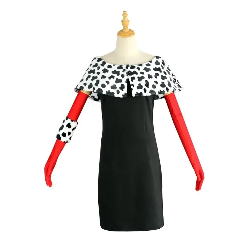 

v;7,e\6'Movies 101 Dogs De Vil Cosplay Costumes Black and White Spotted Dress Cruella Witch Uniform Halloween Cah;3,p\5/