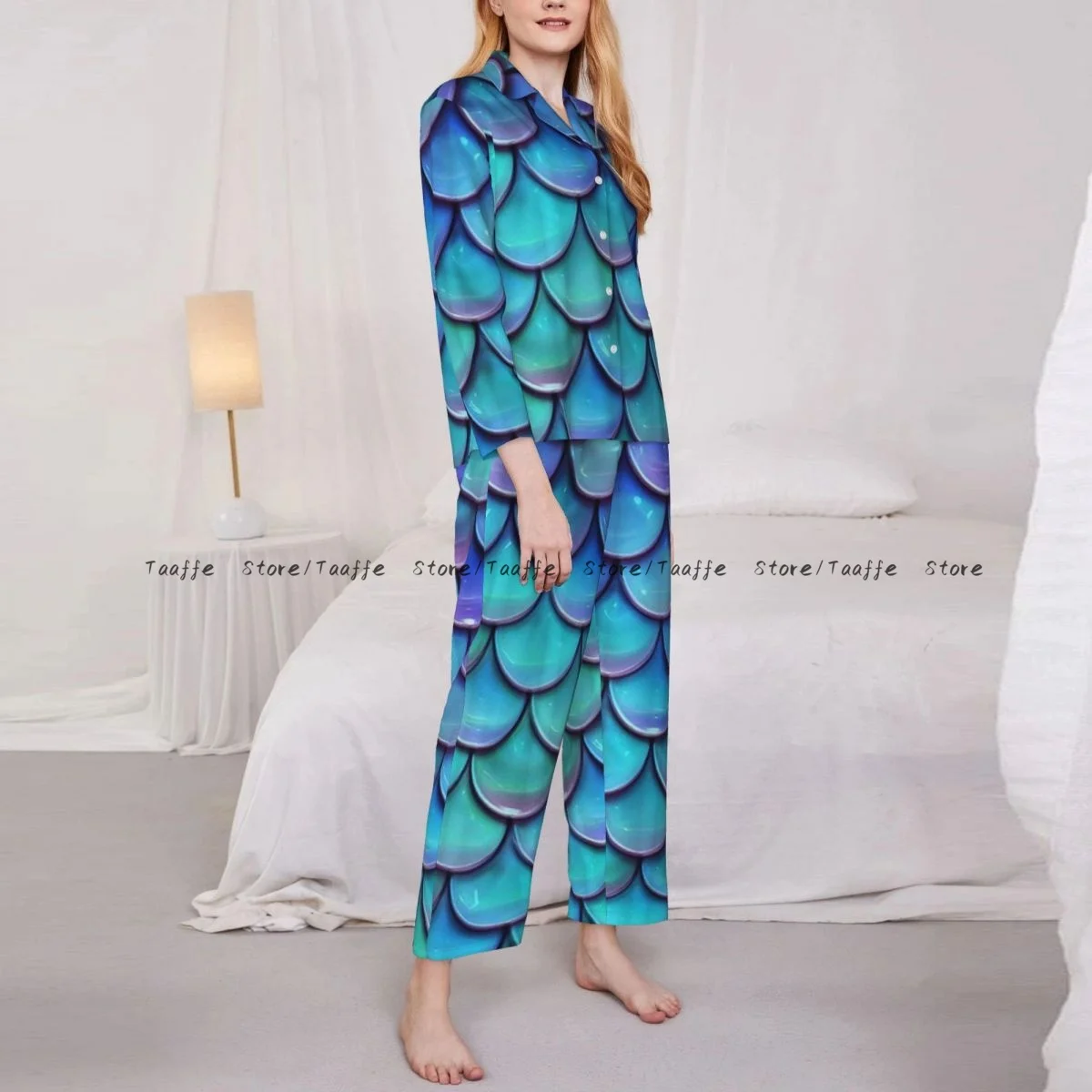 Mermaid Teal Fish Scales Womens Pajamas Loungewear Two-piece Sleepwear Button-Down Full Sleeve Long Pajamas Set