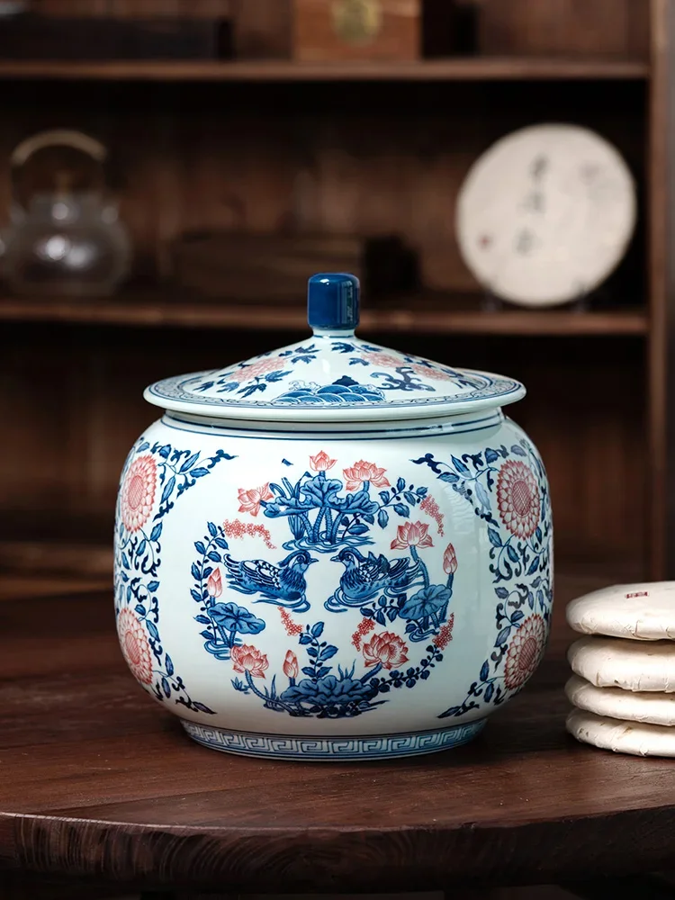 Hand Painted Blue White Porcelain Tea Pot Ceramic Large Jingdezhen Tea Storage Tank Cylinder Household Tea in Bulk Sealed Jar