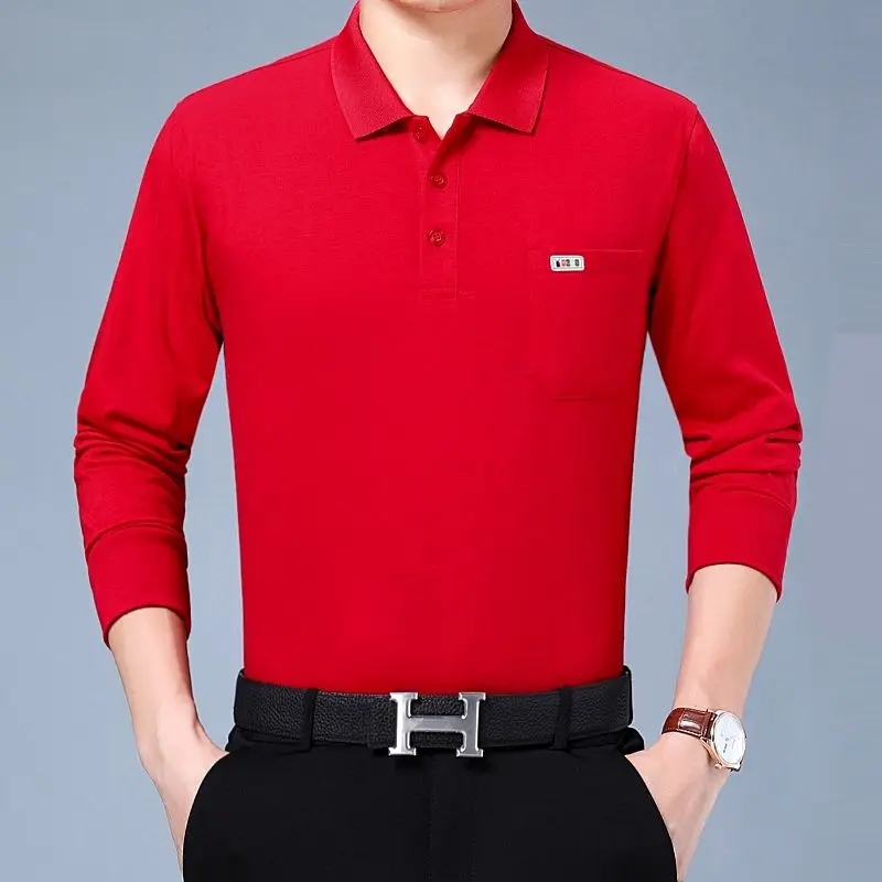 Men Middle Age Long Sleeves Polo Shirts Flip Collar Pocket Middle Age Casual Solid Color Comfortable Daily Casual Bottom Tops