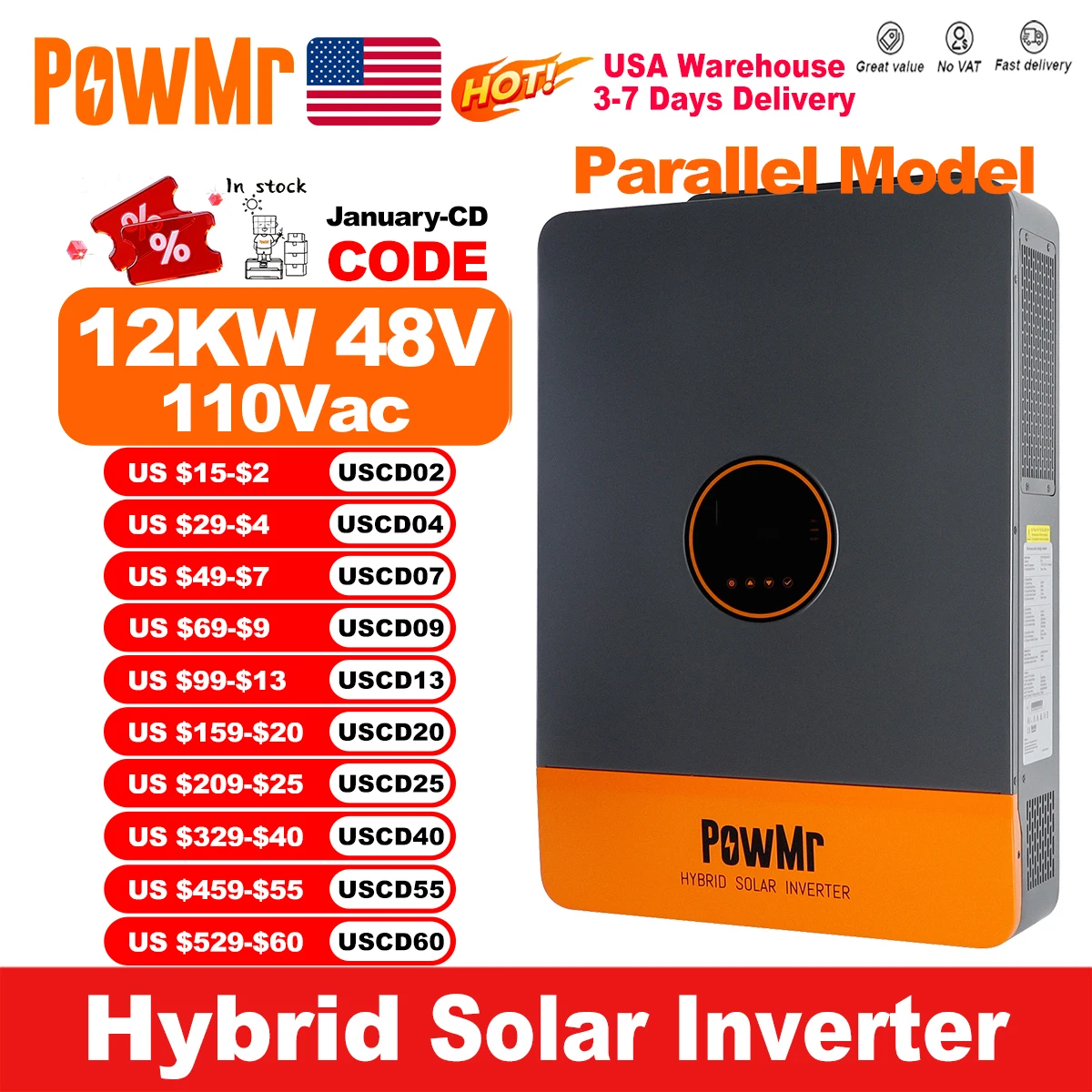 Powmr 12KW 48V Hybrid Solar Inverters 220V 380V Output Dual MPPT 260A PV 800V