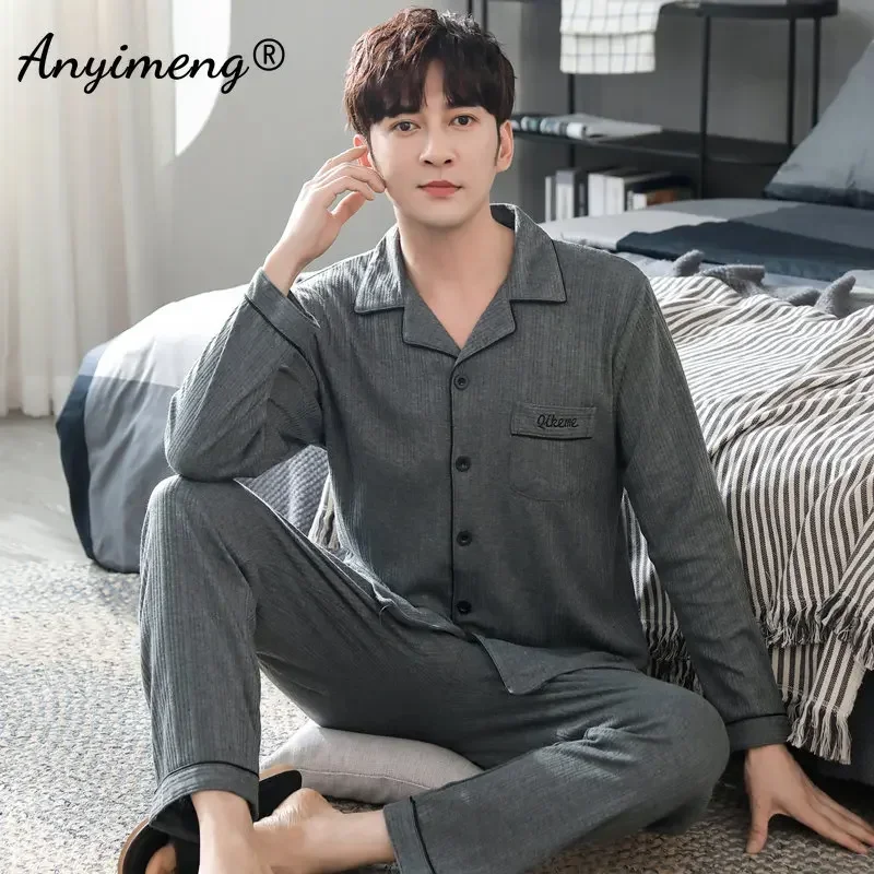 Big Size 4XL Pajamas for Men Autumn Winter New Gentleman Pijamas Fashion Mens Casual Sleepwear Soft Cotton Black Pijama Set