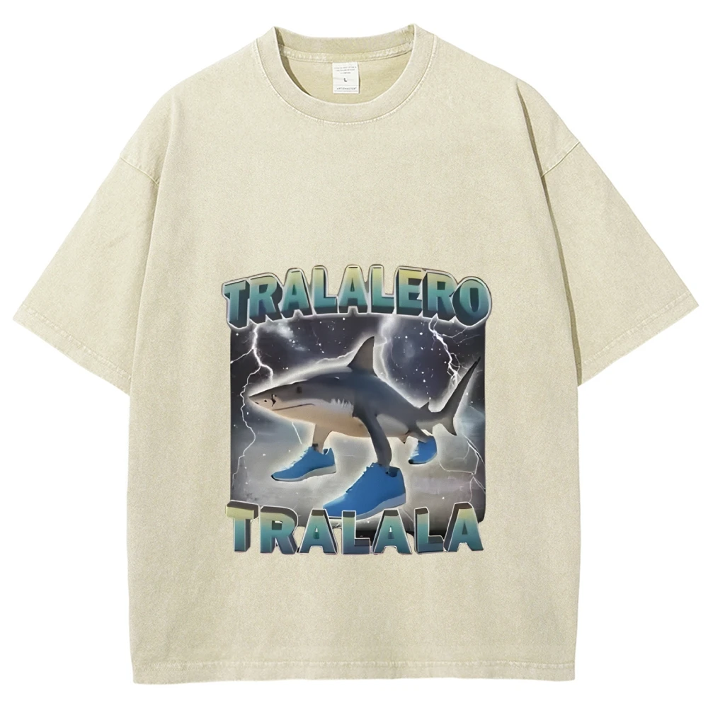 Tralalero Tralala chaussure requin graphique t-shirt Meme ludique enfants surdimensionné lavé chemise hommes femmes confort haut de couleur portant