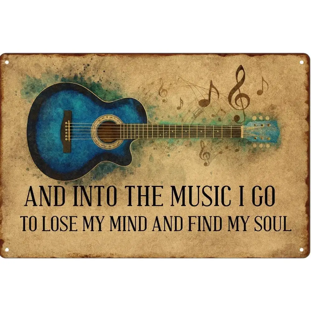 Retro Metal Wall Art Featuring an Acoustic Guitar And a Music Quote: 'And Into The Music I Go' - Ideal  Decor for Bedrooms