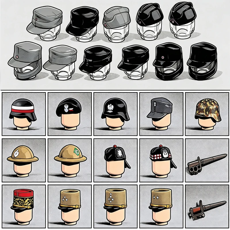 Militär-Soldatenfigur, Helmzubehör, Bausteine, WW1 US M1917 Grabenmesser, WW2 polnischer Heerhut, DIY-Bausteine, Spielzeug