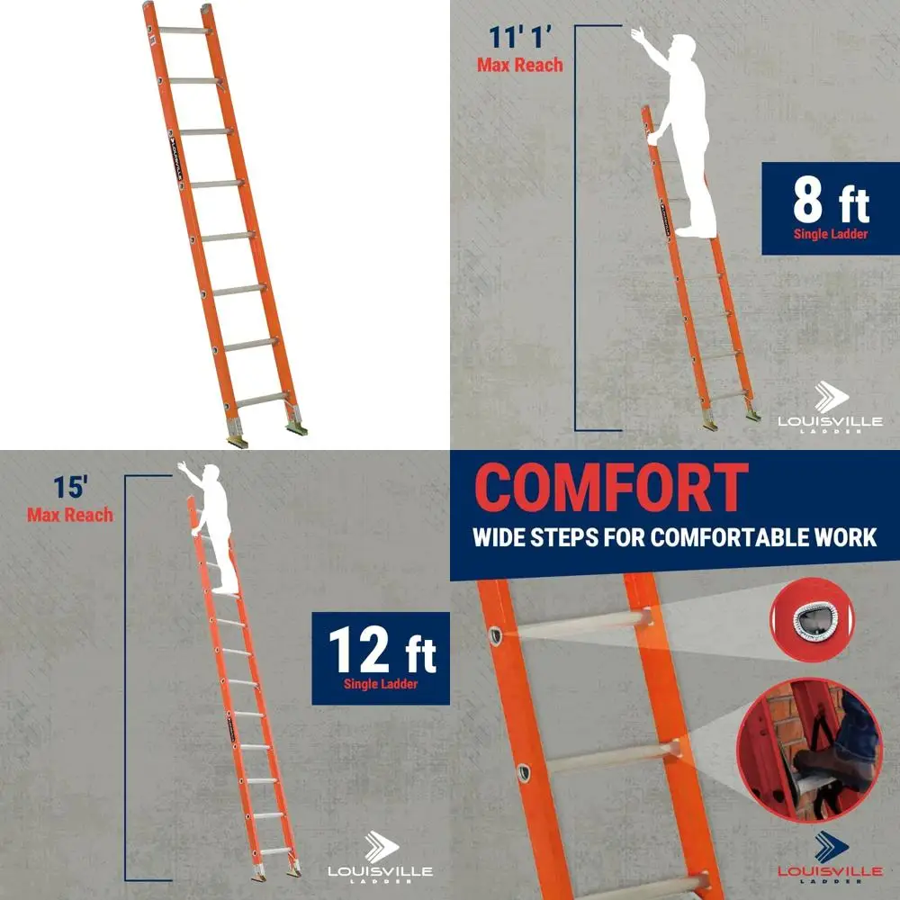 

Одинарная лестница из стекловолокна, 8 футов, емкостью 300 фунтов, тип IA, прочная и безопасная для профессионального использования.