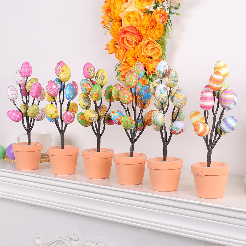 NEW Easter Egg Tree Flowerpot Colorful Painting Foam Egg Easter Tabletop Decor Spring Easter Party Supplies Easter Favors Gift