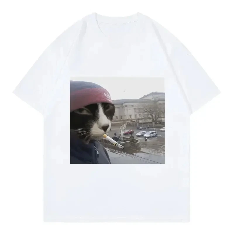 T-shirt grafica con faccia fumante di gatto divertente T-shirt da donna casual a maniche corte di tendenza della moda di High Street T-shirt grafica per abbigliamento