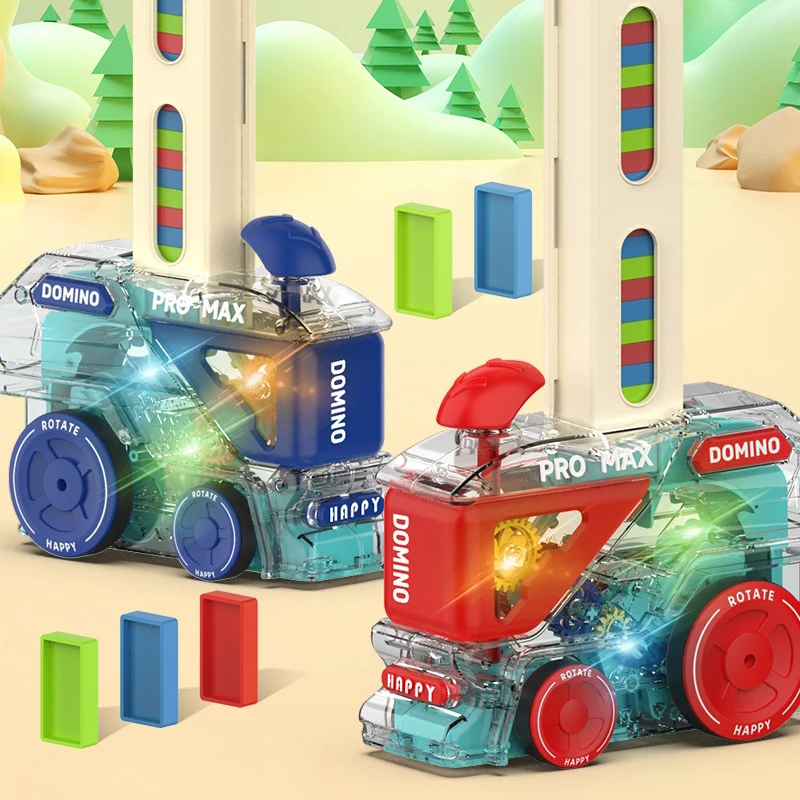 Automático deitado dominó trem para crianças, carro elétrico puzzle, inteligência DIY, colorido dominó set, brinquedos educativos, jogo presente