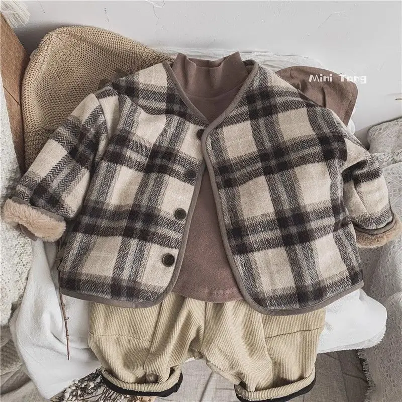 Winter Plush Kids Jackets Kids Outdoor Thicken Warm Coats Woolen Fashion Plaid Children\'s Velvet Jacket Boys Girls Cotton Jacket