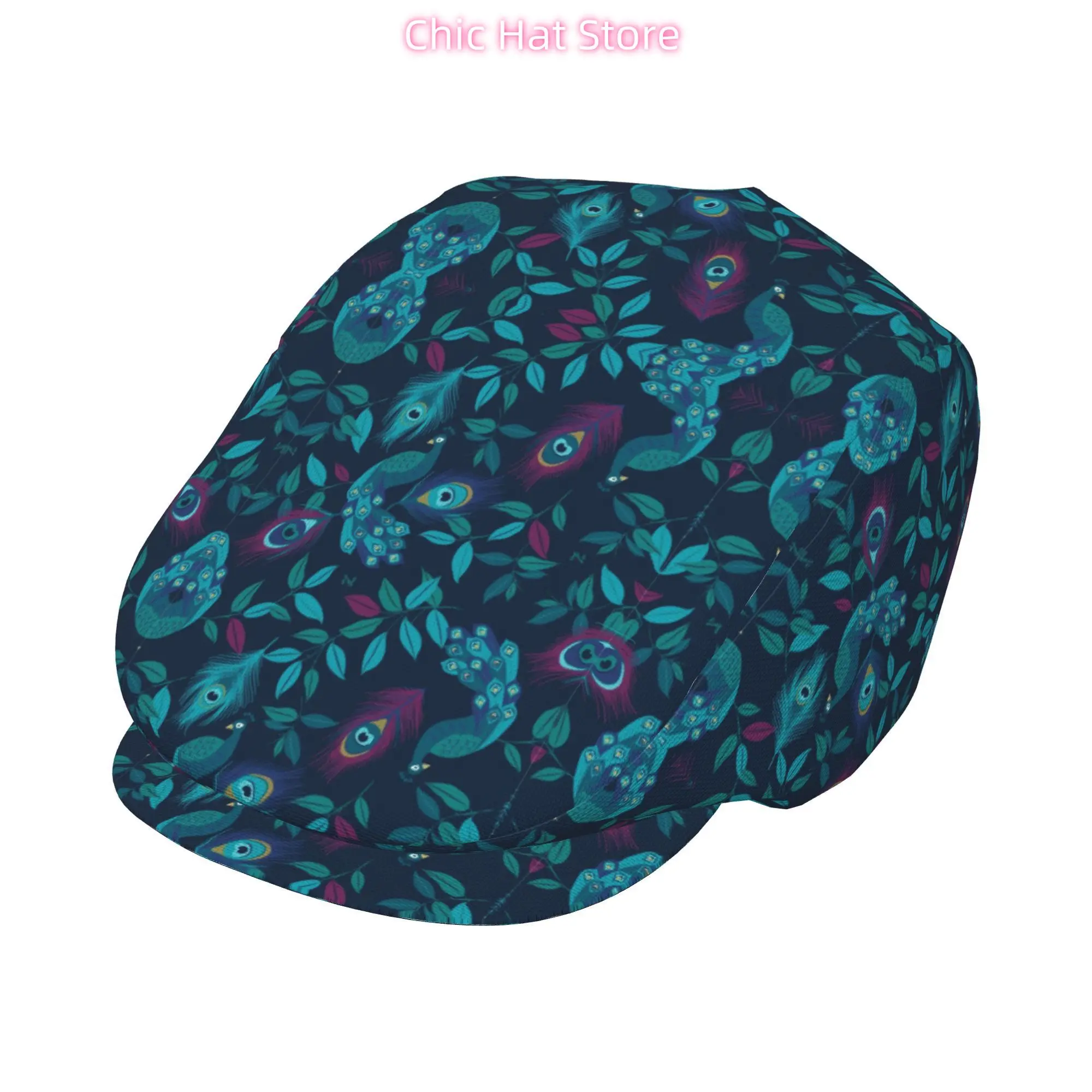 1pc Peacock Feathers Pattern All-over Print Flat-top Hats for Men and Women, Newsboy Caps, Berets, Irish Hats, Driver Caps,  Hat