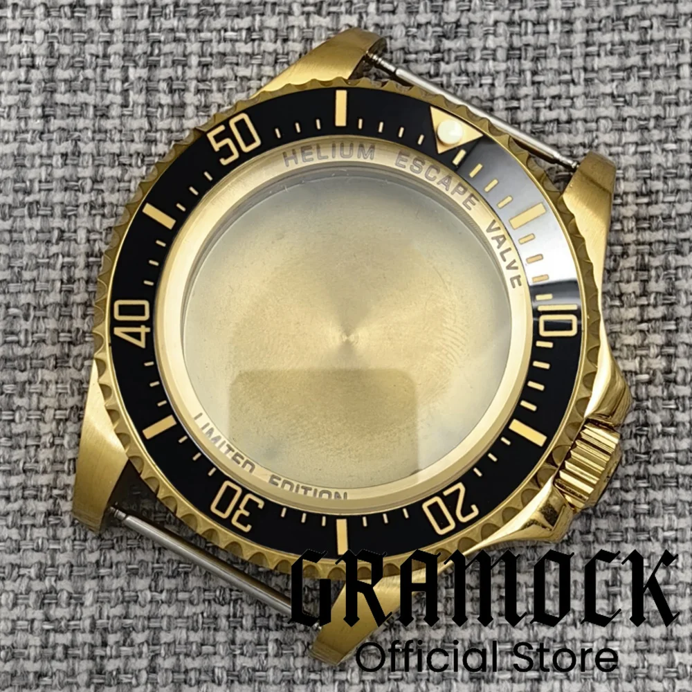 جراموك 44 ملم للرجال ذهبي كامل/ذهبي وردي DEEP SEA Homage Big Sapphire Watch Case إطار سيراميك مناسب NH34 NH35 NH38 ETA2824 PT5000
