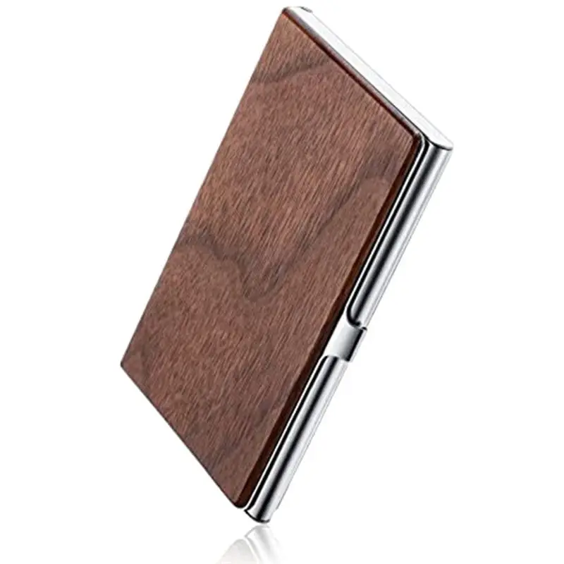 

A01E-Wood Grain Business Card Clip Slim Fit Walnut Wood And Stainless Steel Office Business