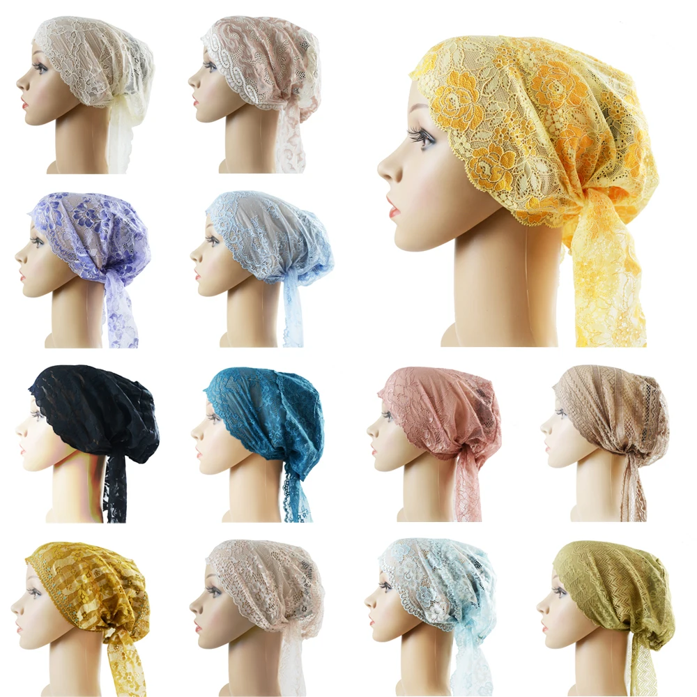 Flower Lace Women Muslim Inner Cap Arab Hijab Scarf Islamic Headwear Turban Bonnet Hat Bandage Caps Underscarf Hair Loss Covers