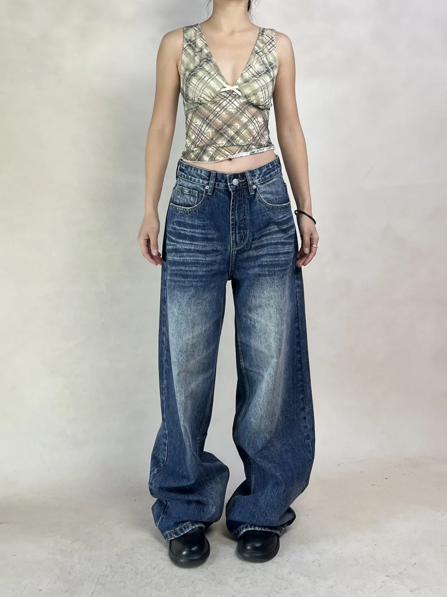 

Spring 2026 Dina American Sle Deep Blue Mid-Waist Waed 3D Straight Leg Denim Jeans Women's l Waist Cotton