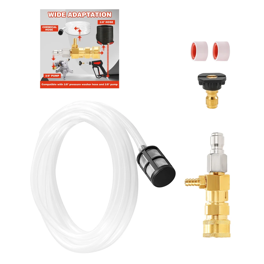 For Pressure Washer Downstream Injector 3/8 Inch QC Inlet and Outlet Brass Core with 7 Piece Accessory Package