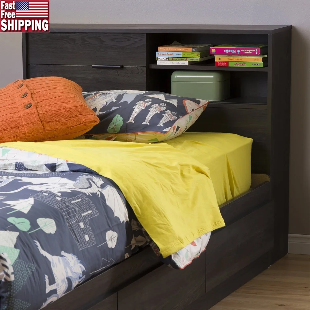 Modern Twin Kids Headboard with Storage Gray Oak Laminated Particleboard Bookcase Design Cable Management Four Compartments