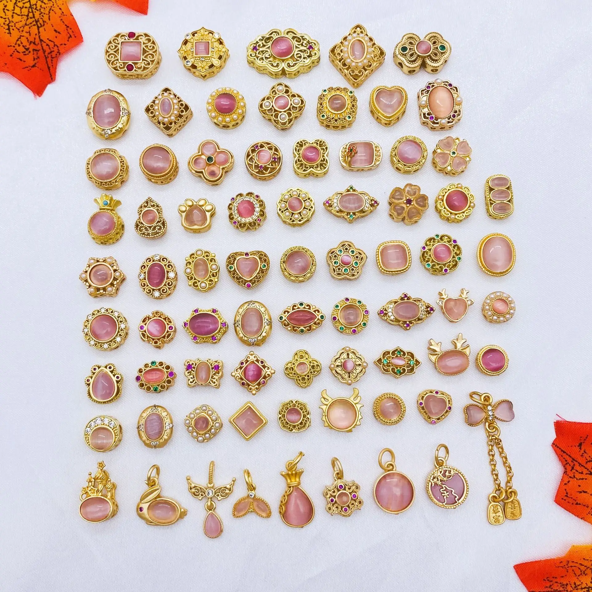 10 Pieces Copper Plated Inlaid with Pink Cat Eye Bead Accessories DIY Handmade Bracelet Necklace Jewelry Making Bead Wholesale