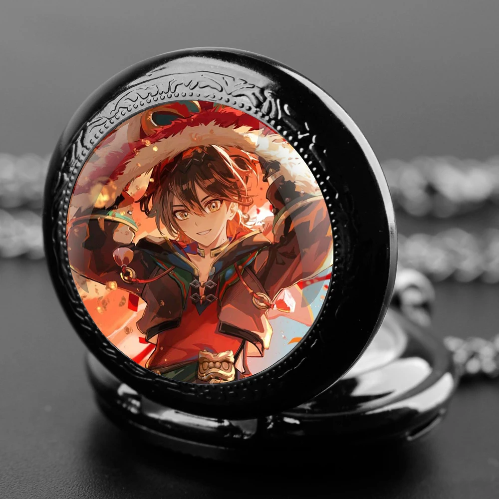 Genshin Impact Quartz Pocket Watch Crystal Dome Reinforced Chain Distinctive Arabic Dial Ideal Present For Gaming Enthusiasts