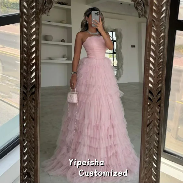 فستان حفلة موسيقية وردي مخصص على شكل حرف a بدون حمالات بطول الأرض وكشكشة فساتين سهرة فاخرة بدون أكمام لحفلات الزفاف #5
