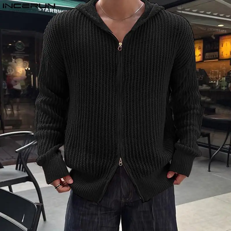 2024 Men Fashion Tops INCERUN Casual Long Sleeve Sweaters Solid Hollow Out Zipper Cardigans Well Fitting Streetwear Male Outfits