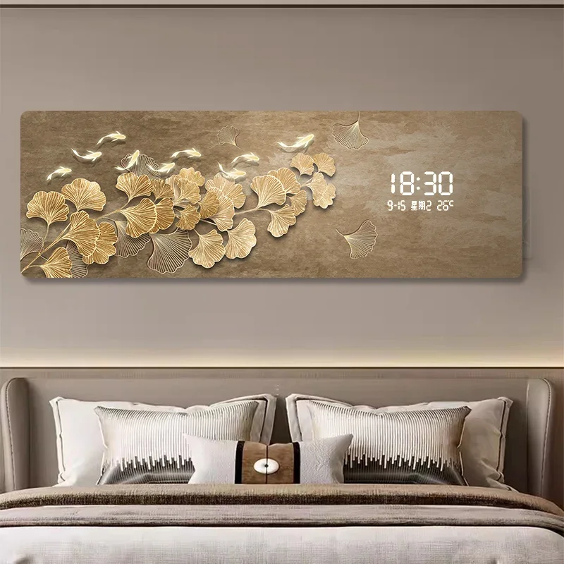 Ginkgo Leaf Nine Fish Painting Living Room Decoration Painting LED Electronic Clock Bedroom Wall