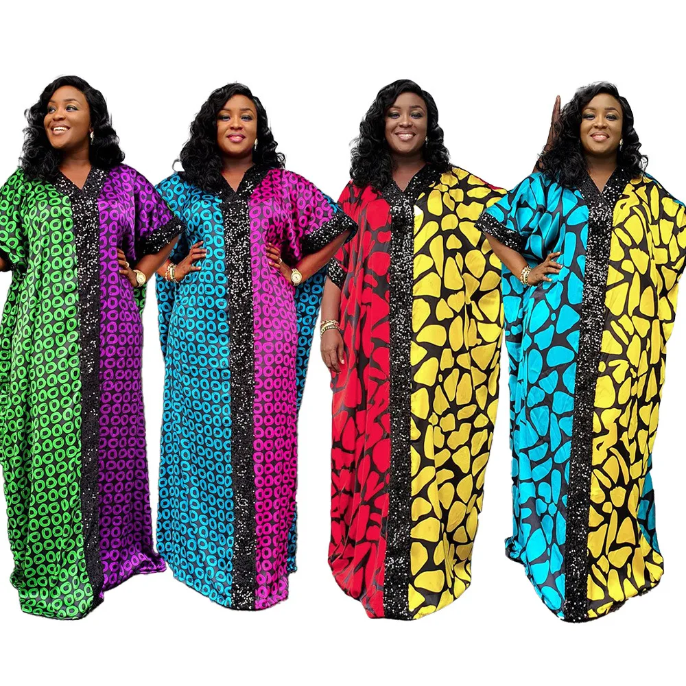

African plus size women's flannel beaded dress spliced printed robe