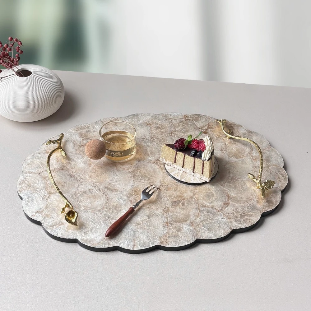 Light Luxury French Shell Plate – Elegant Handle Tray with Floral Edge for Home, Living Room, Café, and Table Decoration